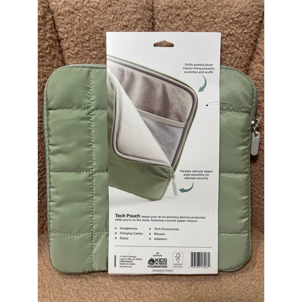 U Brands Quilted Tech Pouch Sage Green Padded Headphone Case 10x10 6923T